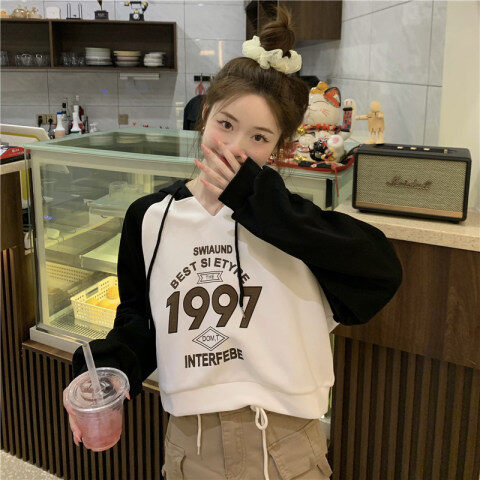 HengShanYuan Thin sweatshirt women's hooded print stitching double cap