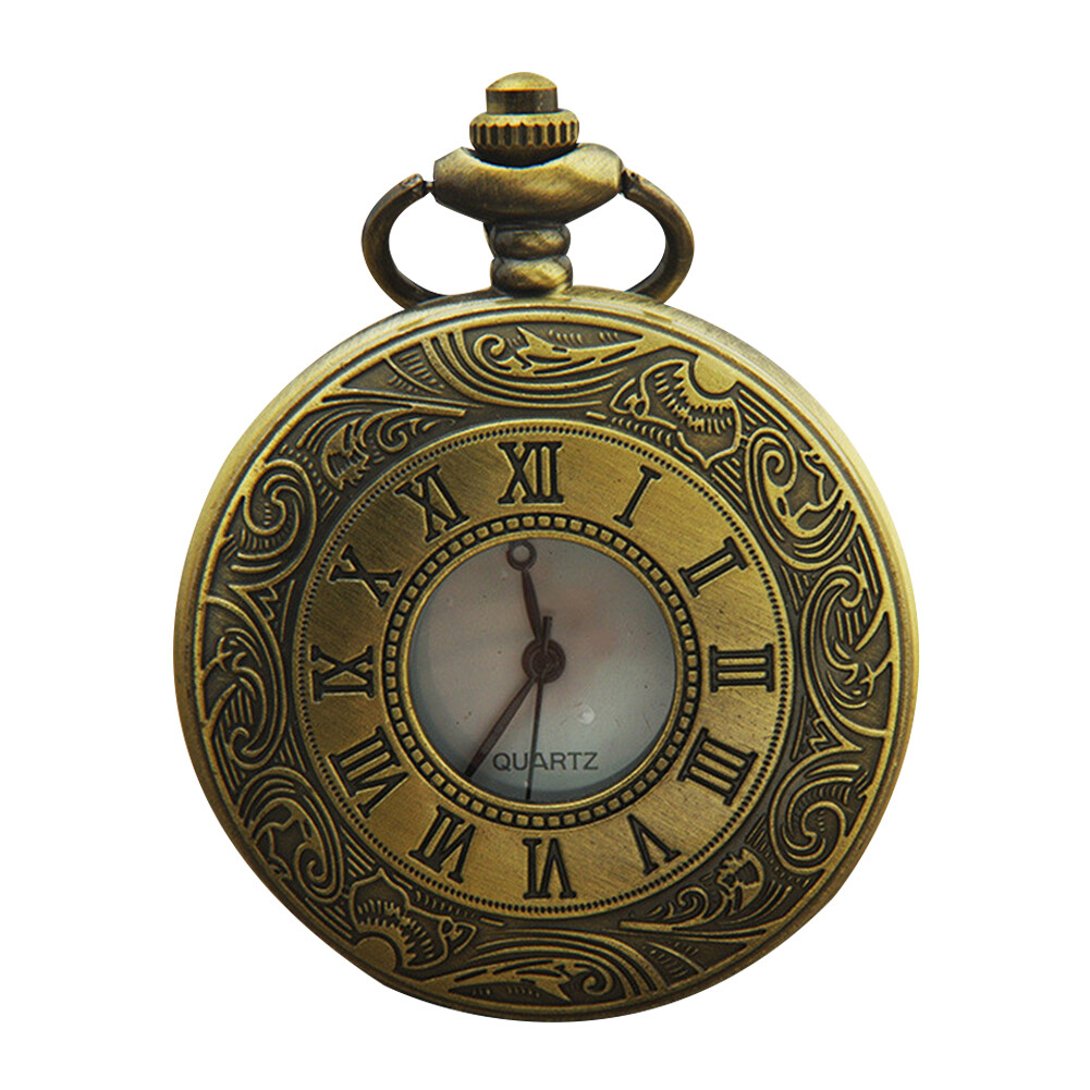 Vintage Unisex Hollow Round Dial Double Display Quartz Pocket Watch with Chain