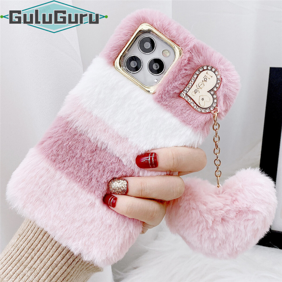 for Redmi Note 11 11S 10 10S 9 9S 8 Pro Max Furry Phone Case with Pretty Fur Heart Ball, Cute Luxury Rhinestone Frame + Girly Plush Fur Fluffy Shockproof Protective Case Cover