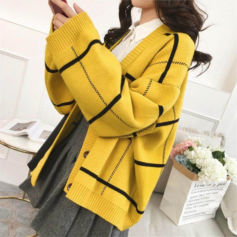 Cardigan Women Plaid Knitted Sweater Single Button Clothes Long Coat Oversize Jumper Tops