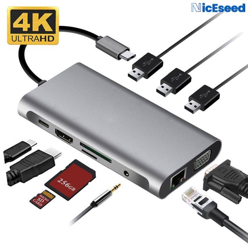 NicEseed【10 In 1】Usb 3.0 4K Hdmi Vga RJ45 Converter Type C Adapter Usb Hub Docking Station Compatible With Laptops With Type-C Interface Mobile Phone With Type-C Interface OTG Function