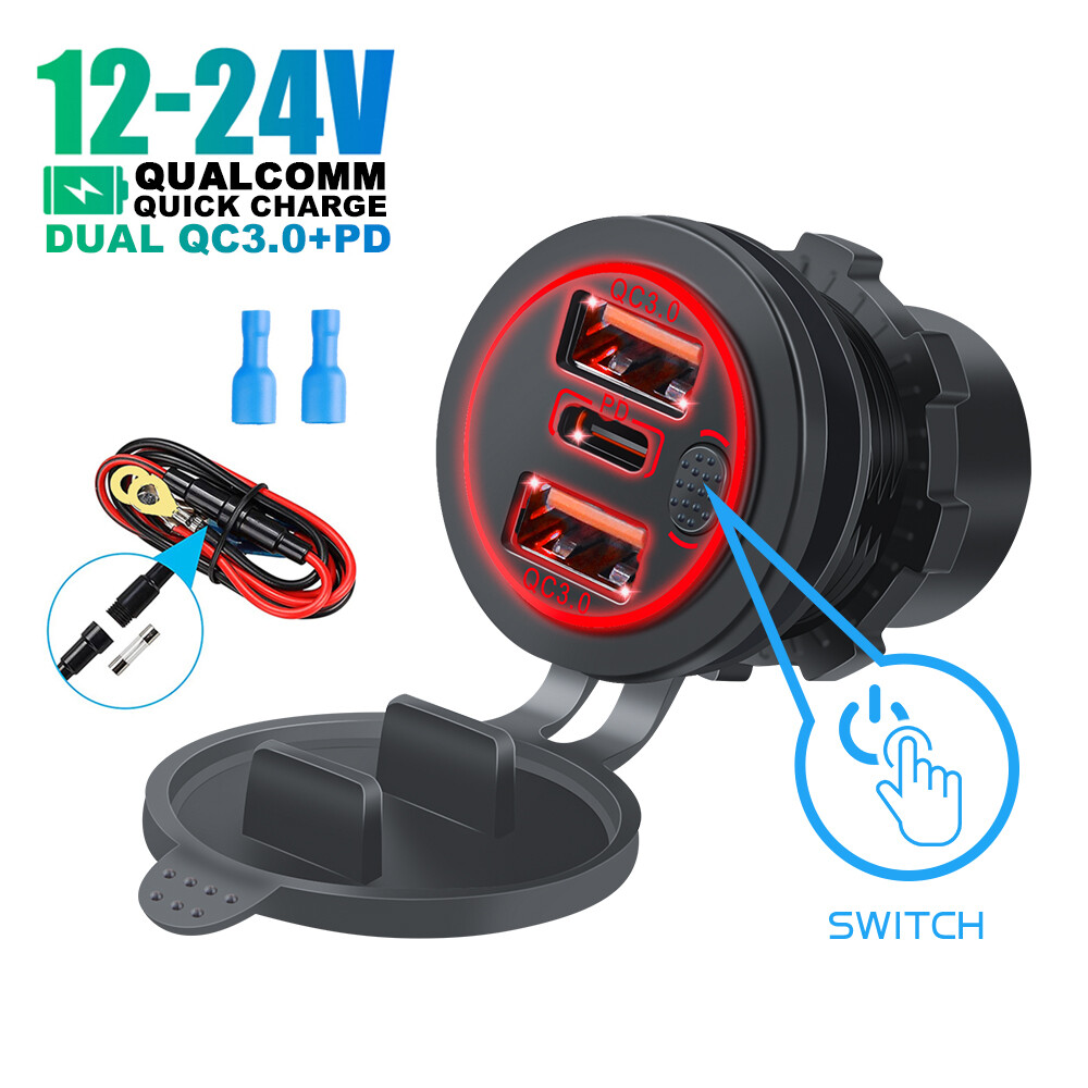 60w 3 ports fast car charger usb type c pd socket with touch switch with led light fast car adapter for phone