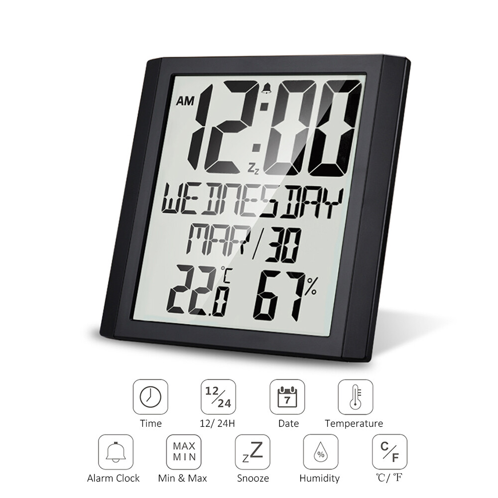 Digital Wall Clock with Temperature & Humidity 8.6'' Large Display Time/ Date/ Week Alarm Clock & Snooze °C/ °F Selectable Thermo-hygrometer Accurate Weather Monitor for Home Office