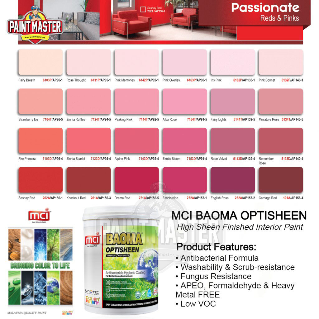 5l Mci Baoma Optisheen Red Pink Easy Clean High Sheen Interior Paint Cat Kilat Dinding Dalam Rumah Lazada