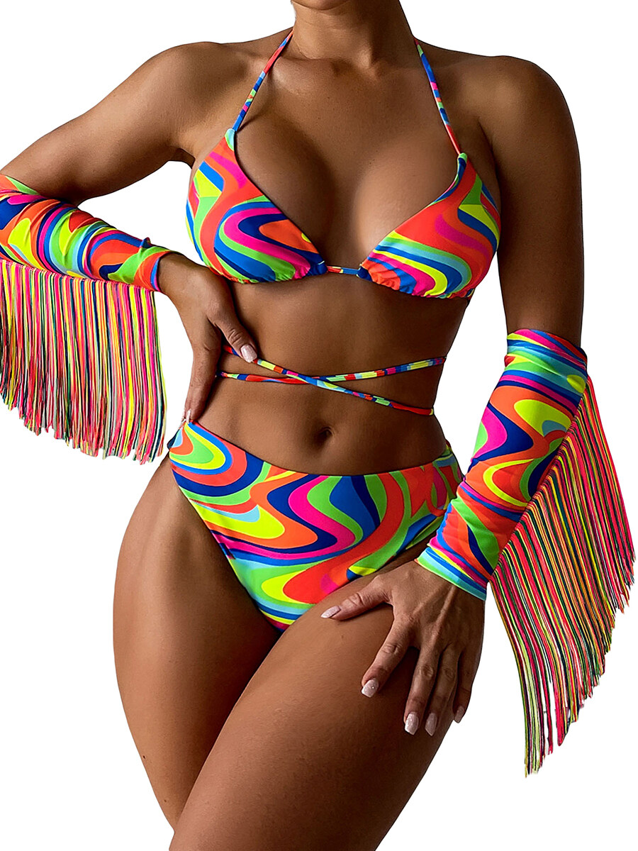 Happybuyner Costume da bagno da donna in 3 pezzi Set bikini a triangolo con scollo all'americana in colore a contrasto con maniche con frange_voghion.com