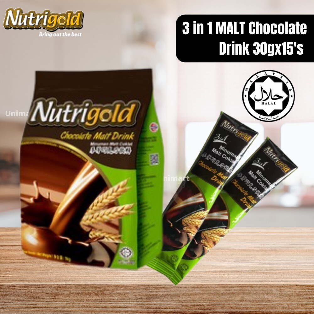 [HALAL] Nutrigold 3 in 1 Chocolate Drinks (30g x 15's) Hot Malt Milk