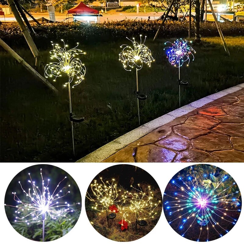 【lightingeverthing】Solar Powered Outdoor Grass Globe Dandelion Fireworks Lamp Flash String 90 /120/150 LED For Garden Lawn Landscape Holiday Light