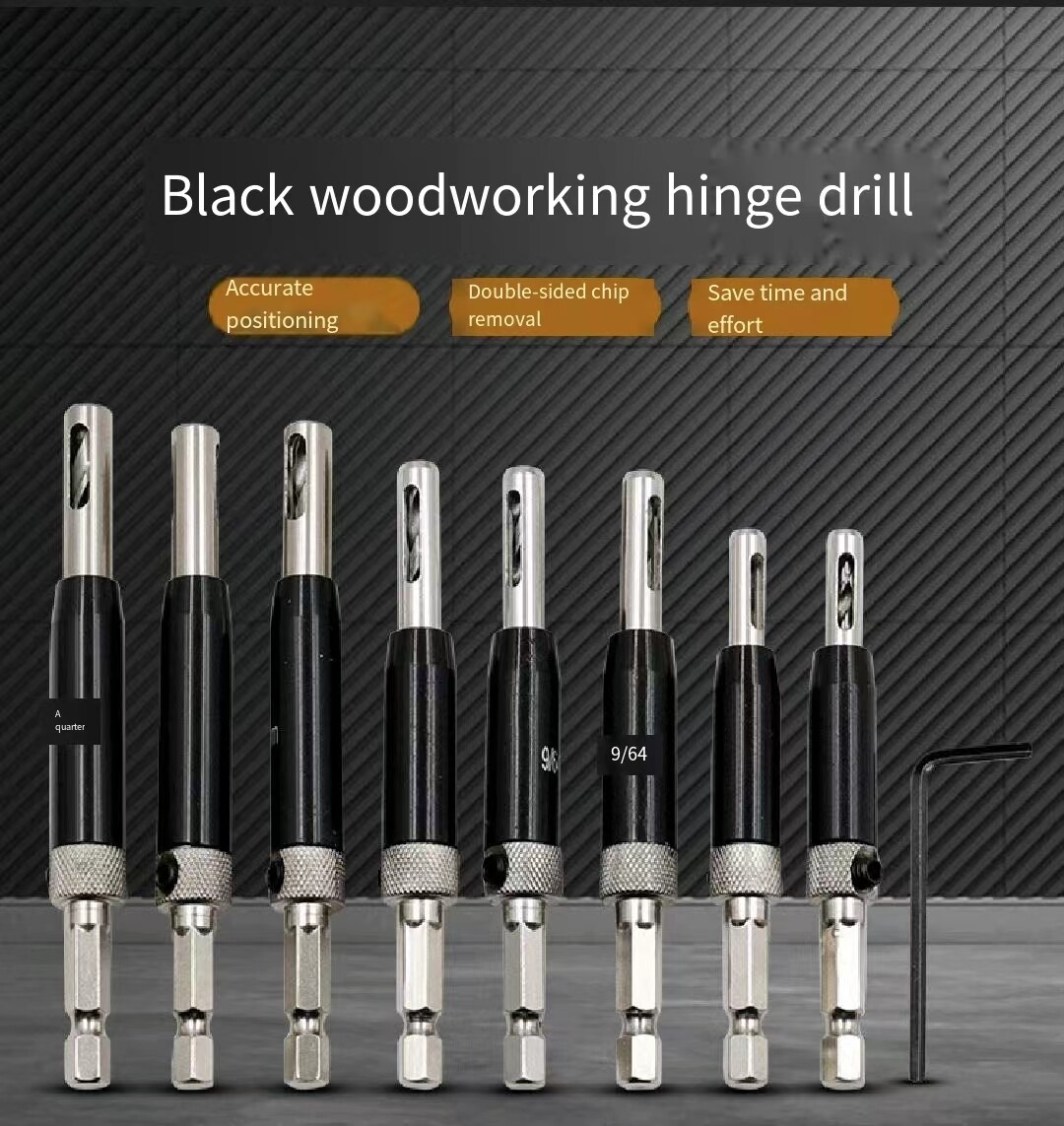 8pcs Black Hinge Drill Woodworking Drill Bit Set Hexagonal Handle Hole Locator Hinge Hinge Hole Opener