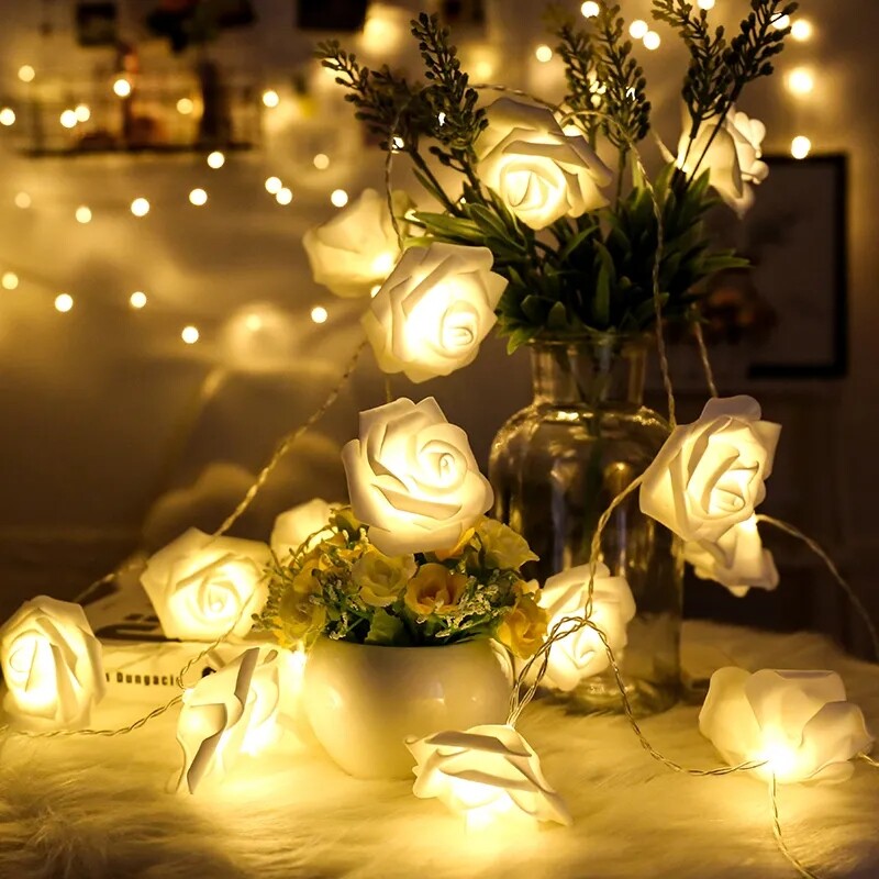 【 Beauty-Sunshine】dây Đèn Hoa Hồng 2.5M 20LED Đèn Giáng Sinh, Đèn Lồng Phòng Cưới Đèn Dây