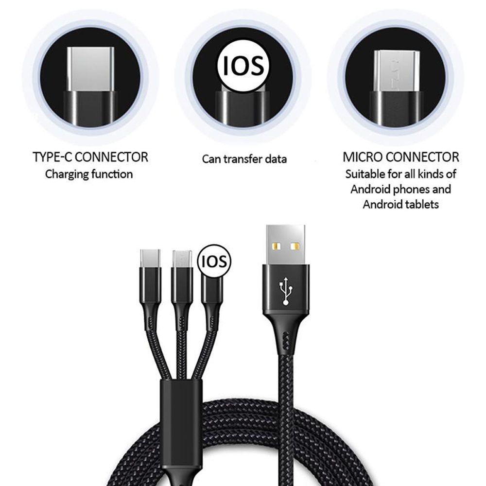 GEHW Universal High Quality Data Lines Powerbank Charger IOS Type C Data Cable Data Cord Charging Cable Fast Charger Wire 3 in1 USB Cable