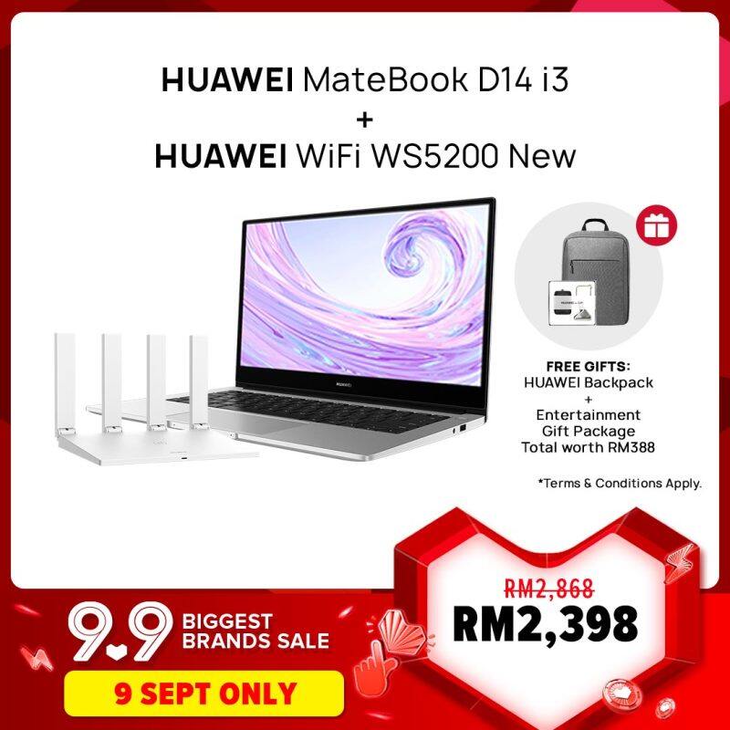 HUAWEI MateBook D14 i3 Laptop +HUAWEI WiFi WS5200 New Router| Free CD60 Backpack, Free Shipping Malaysia