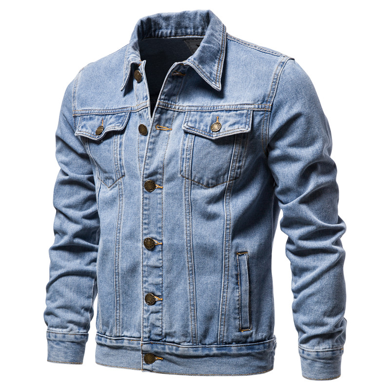 SUPERLI Áo Khoác Denim Nam Xuân Thu, Áo Khoác Bò Một Hàng Khuy Ve Áo Đơn Màu Đơn Giản Áo Khoác Ngoài Cotton Dáng Ôm Cho Nam 5xl-M