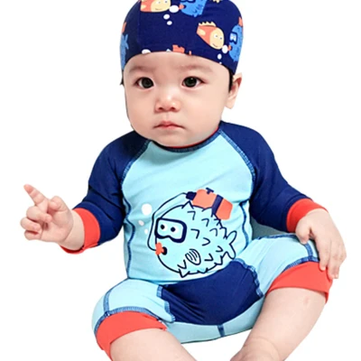 Kids Baby Boys Cartoon Printing One Piece Swimsuit Suit with Cap