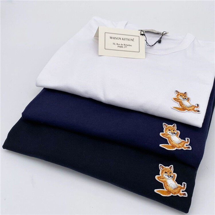 Maison Kitsune Fashion Men's and Women's Short-sleeved T-shirt Lazy Fox Finely Embroidered Cotton Tee