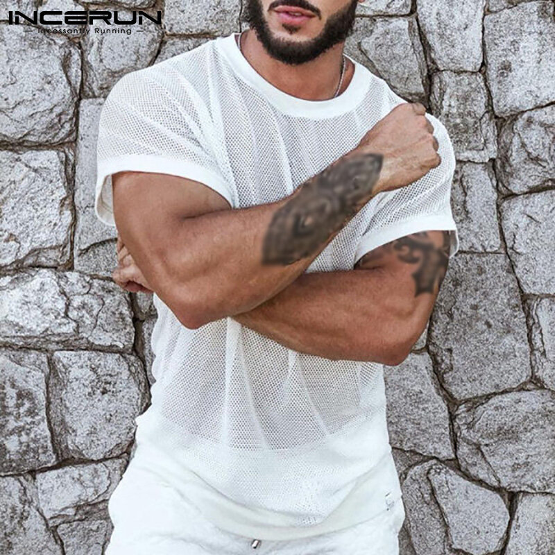 (Western Mesh Style) INCERUN Mens Sports Jogging Summer Cool Short Sleeve T Shirts Fishnet Casual Loose Tops