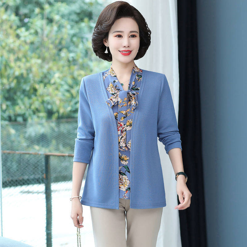 Mother Spring Long-sleeved Bottoming Shirt Fake Two Large-size Middle-aged and Elderly Women Spring and Autumn Loose Top Clothes Foreign Style Shirt