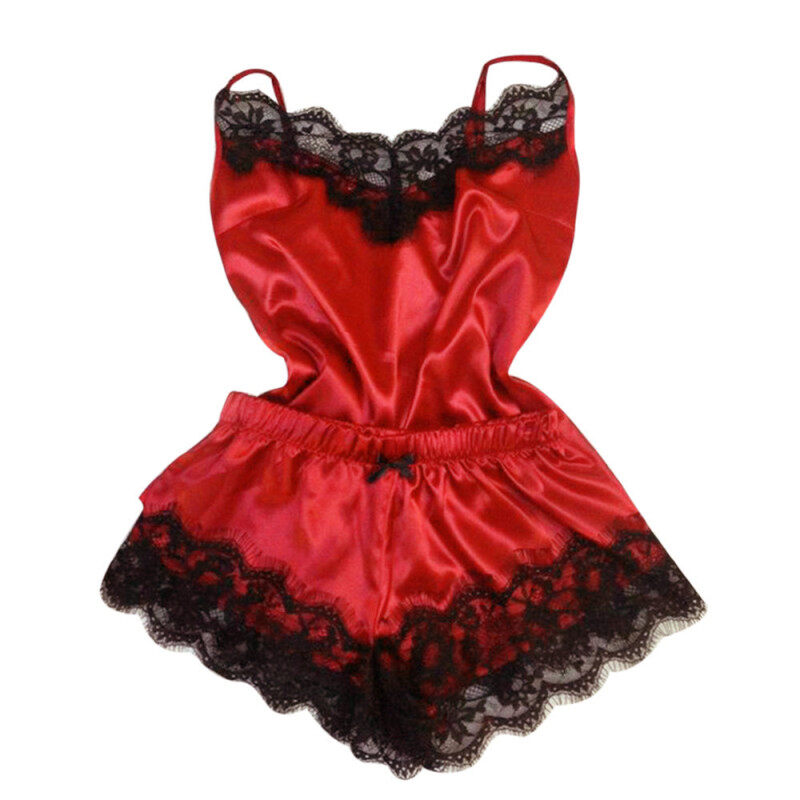 Nơi bán S-3XL Kích Thước Của Phụ Nữ Ngủ Sexy Satin Pajama Set Đen Ren Cổ Chữ V Pyjamas Không Tay Dễ Thương Áo Cami Và Ngắn Pijama Mujer