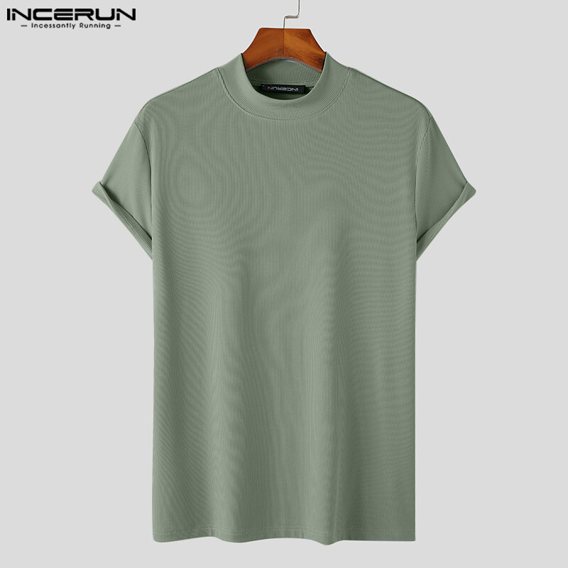 Incerun mens short sleeve high neck plain stripe skinny fitting t-shirts tops