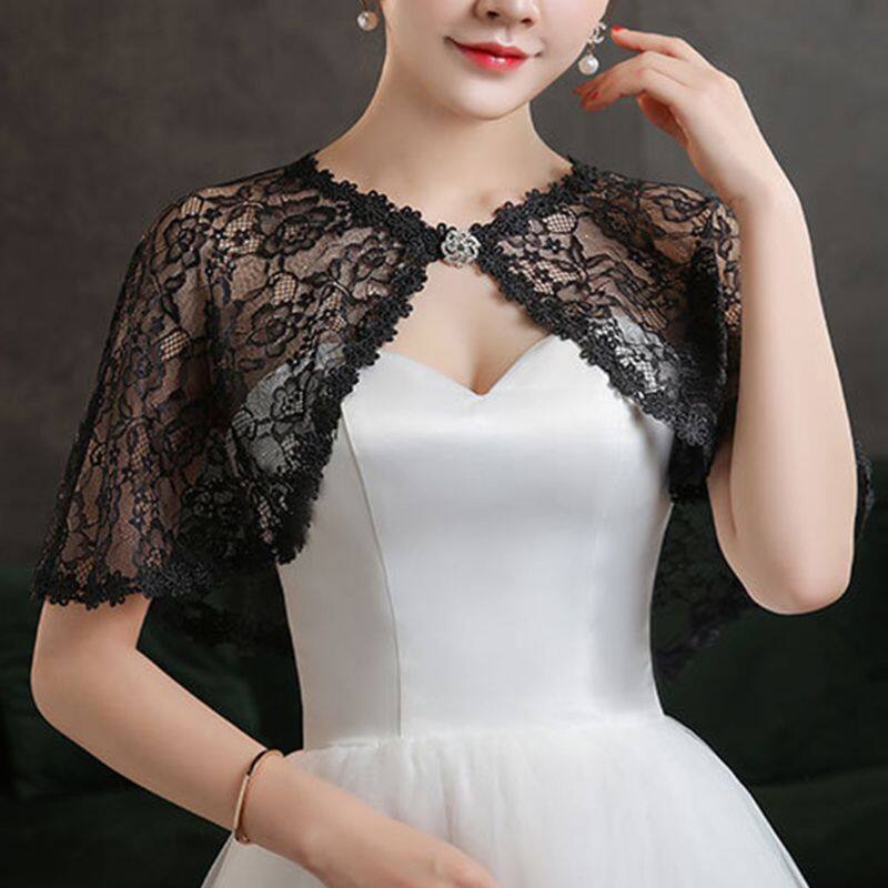 Ladies Shawl Floral Lace Shawl Wedding Wrap Perspective Embroidery Prom Women Shrug Rhinestone Buckle Open Front Bridal Cape