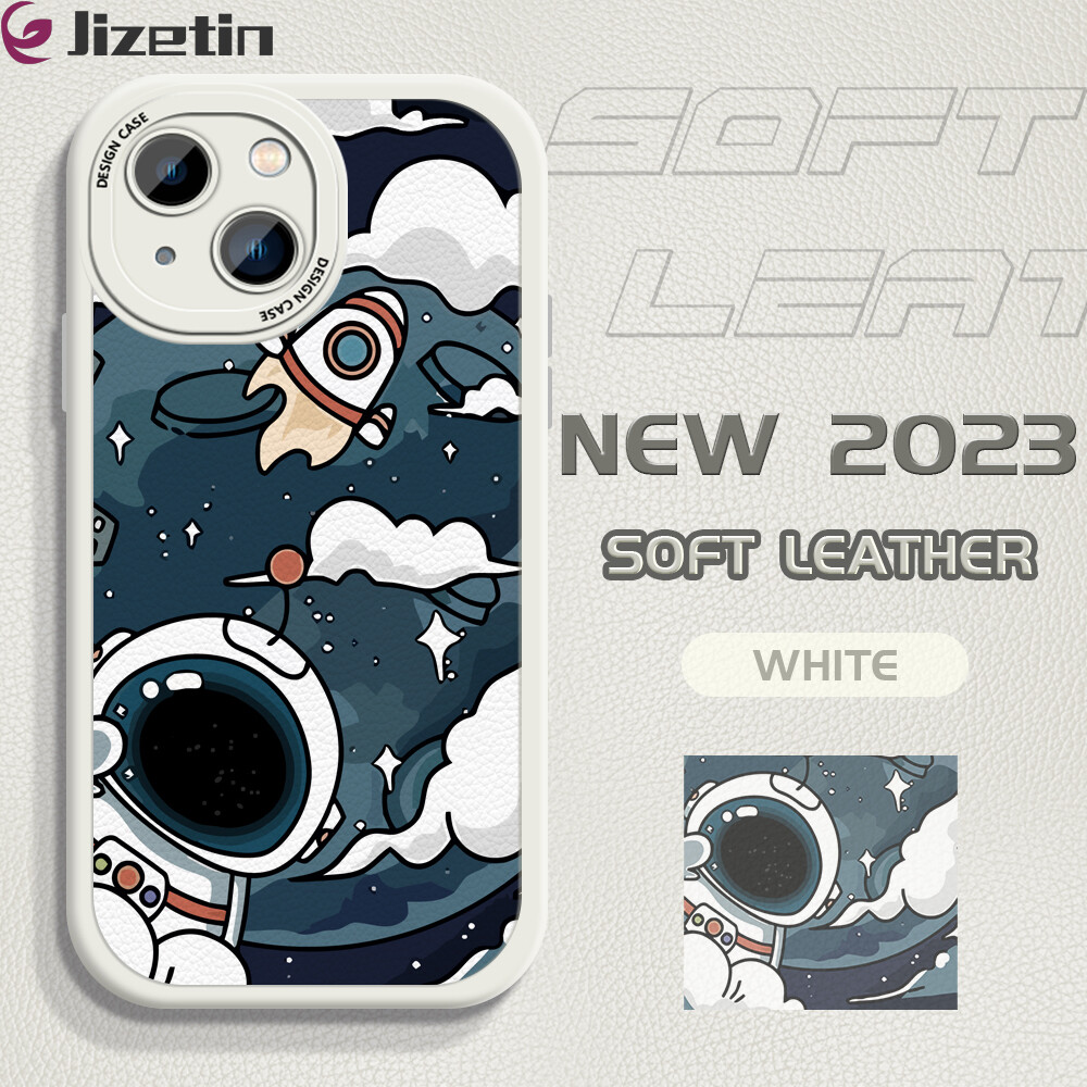 Jizetin phone casing for iphone 11 11 pro 11 pro max 12 12 pro 12 pro max 12 mini 13 13 pro 13 pro max 13 mini slim skin feeling cartoon astronaut leather back casing soft silicone pu leather cover phone case