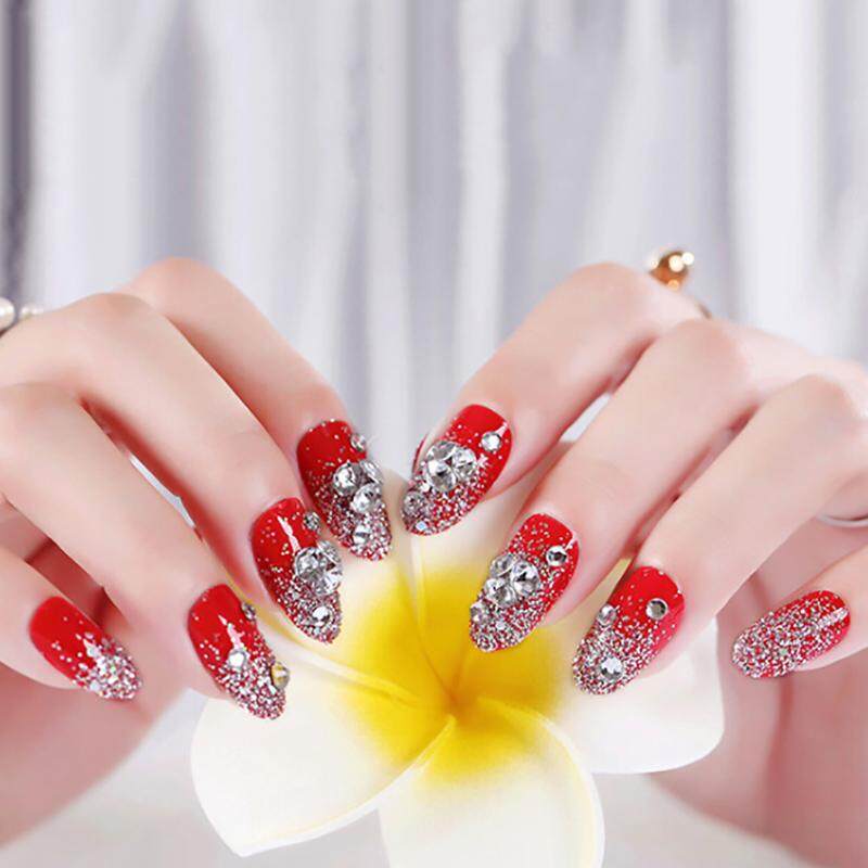 24Pcs Red Vòng Móng Tay Giả Acrylic UV Gel Đầy Đủ Pháp Móng Tay Giả Nghệ Thuật Mẹo Công Cụ