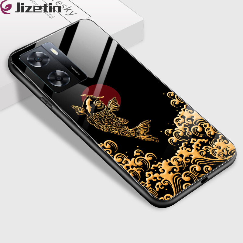 Jizetin glass phone casing for oppo a74 a74 5g a76 a77 a77 5g a77s a78 5g luxury chinese style cartoon crane koi carp design shockproof glossy case tempered glass back cover casing