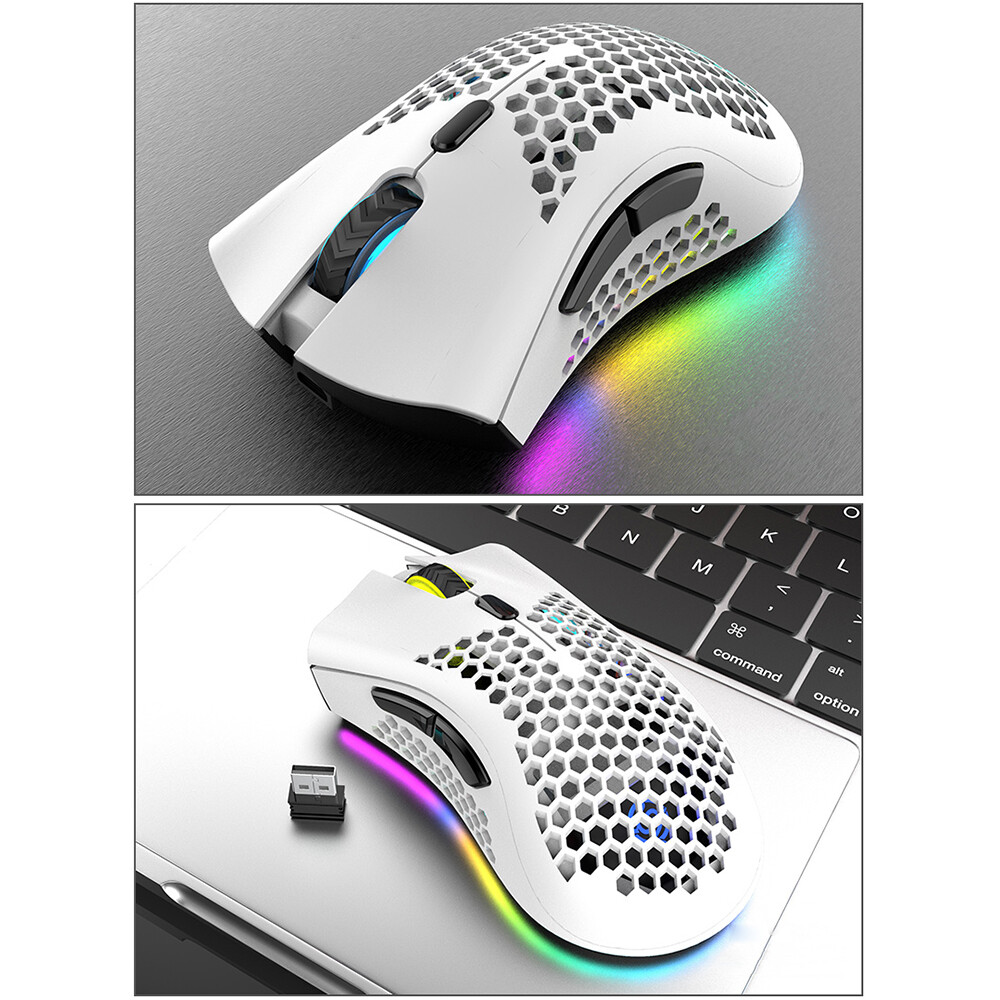 Chuột Chơi Game Không Dây 2.4G, Chuột Có Thể Sạc Lại Với Hiệu Ứng Ánh Sáng RGB 3 DPI Có Thể Điều Chỉnh Khoét Lỗ, Thiết Kế Tổ Ong Màu Đen