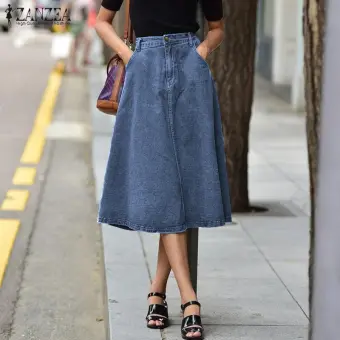 dark blue denim midi skirt