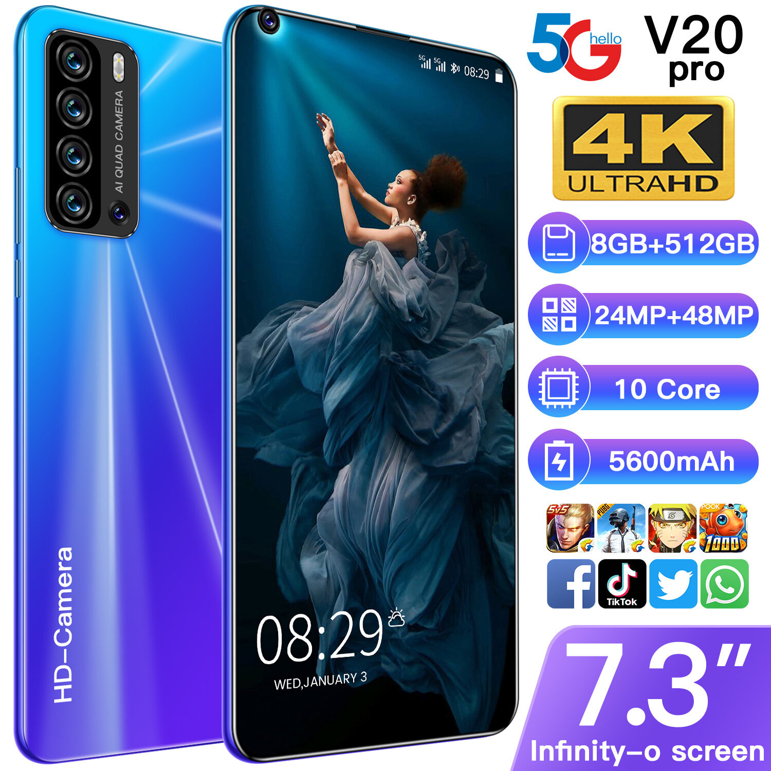 Bisa Cod V20 Pro Layar 7 3 Inci Smartphone 8gb Ram 512gb Rom Ponsel 4g 5g Jaringan Versi Global 5600mah Dual Sim Card Handphone Lazada Indonesia