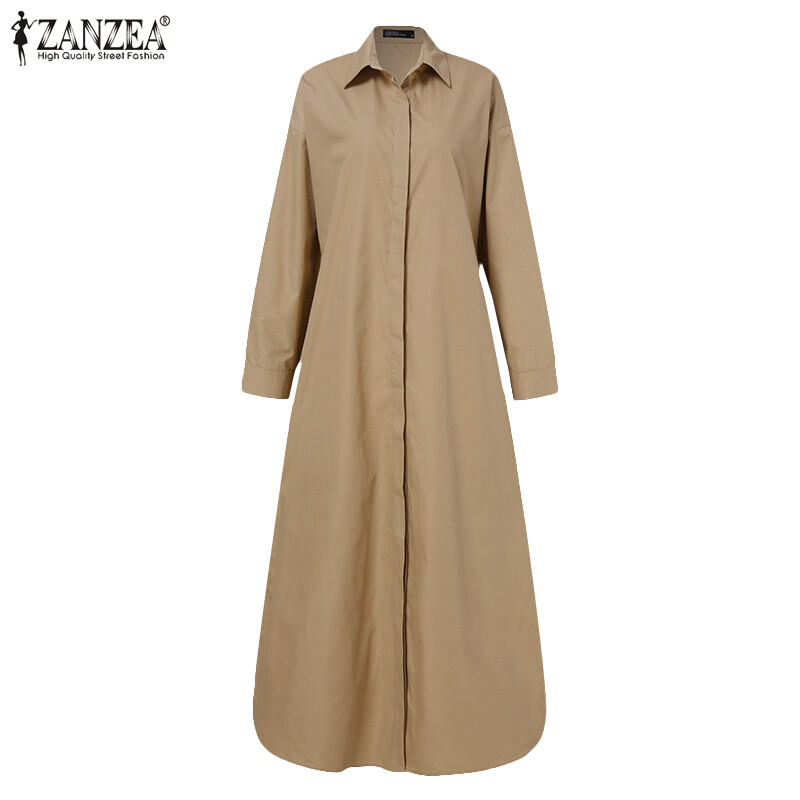 ZANZEA Womens Collared Button Down Solid Colour Kaftan Long Maxi Shirt Dress