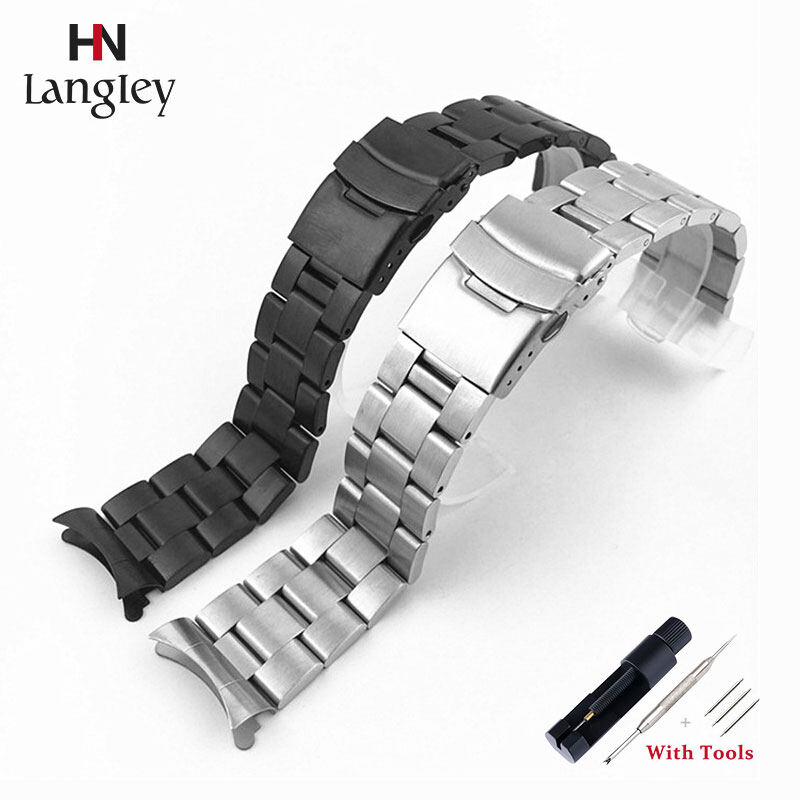 zhangeer Stainless Steel WatchBand Curved end Black Silver Universal Polished Double Lock Buckle Replacement Men Wrist Belt 20mm 22mm Solid Watch Bracelet Straps Men Women WristBands