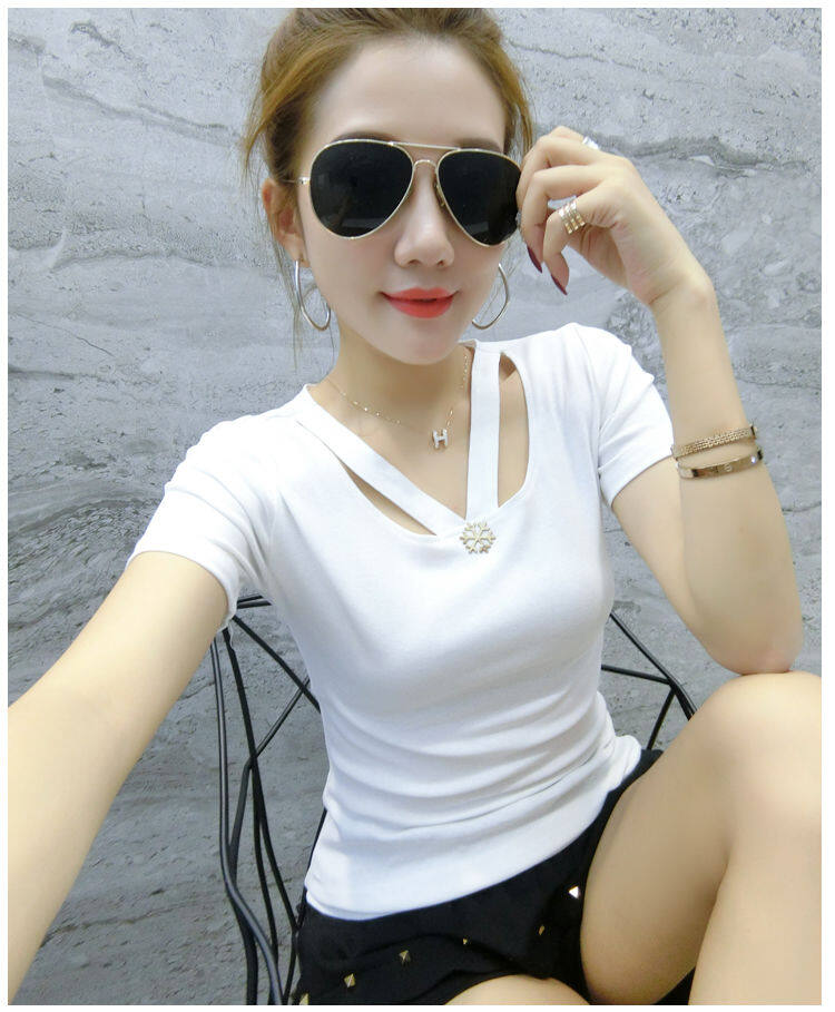 Mùa hè kẻ sọc ngắn tay Áo Phông Cổ Chữ V trắng ôm vừa nữ cơ bản dành cho người mảnh khảnh Áo sơ mi tay áo lửng