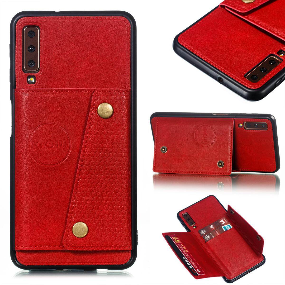 Cho Samsung A7 2018 A750 da trường hợp nhiều Folio lật Bìa Wallet trở lại trường hợp vỏ, có thể làm việc với gắn trên xe hơi, ẩn thẻ tín dụng ID khe giữ, retro nút kim loại clasp, đứng hỗ trợ