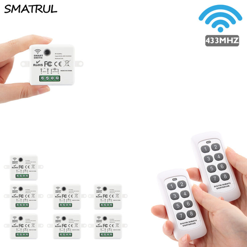 SMATRUL Mini Wireless Smart Switch Light Electrical 433MHZ RF 8 Key Remote Control Relay Receiver Home Led Lamp ON/OFF 220V