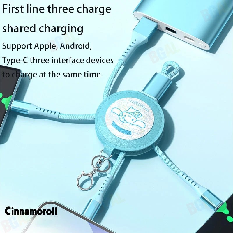 (66W)100% Authentic Sanrio Accessories 3 in 1 Charging Cable with Mirror & Keychain Kuromi USB Cable Type C Lightning Cable Retractable Micro USB Cable Fast Charging for iOS and Android Smartphone Birthday Gift Cinnamoroll AQ7