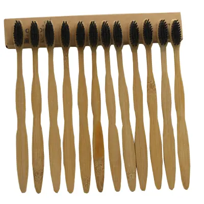 12 Pieces Black 100% Bamboo Toothbrush Wood toothbrush Novelty Bamboo soft-bristle Capitellum Bamboo Fibre Wooden Handle