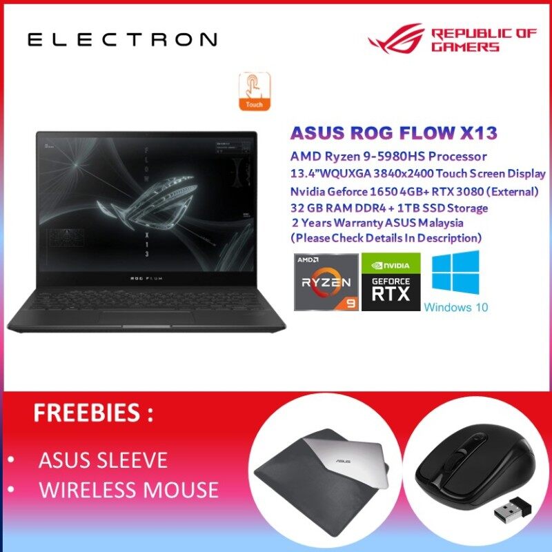 Asus ROG Flow X13 GV301Q-HK5244TS | RYZEN 9 5900HS| 32GB RAM, 1TB SSD | GTX1650 4GB + RTX3080 |Gaming Laptop 13.4 Malaysia