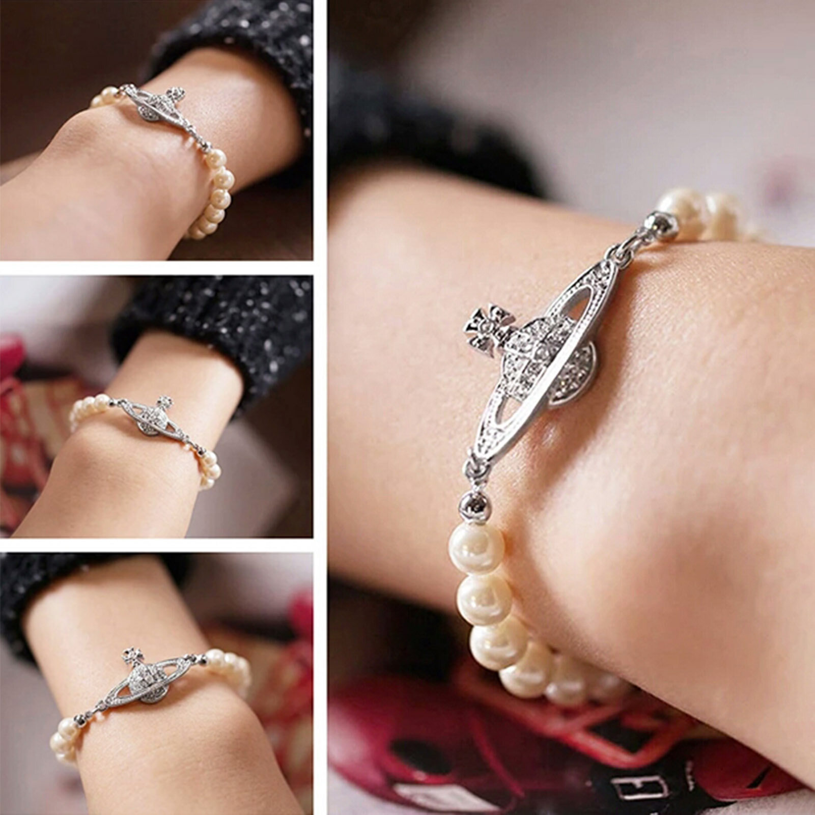CD 26S PEARL CHAIN DROP LOGO NECKLACE IN GOLD TONE METAL WITH WHITE RESIN PEARL & CRYSTAL 631060 main image 1