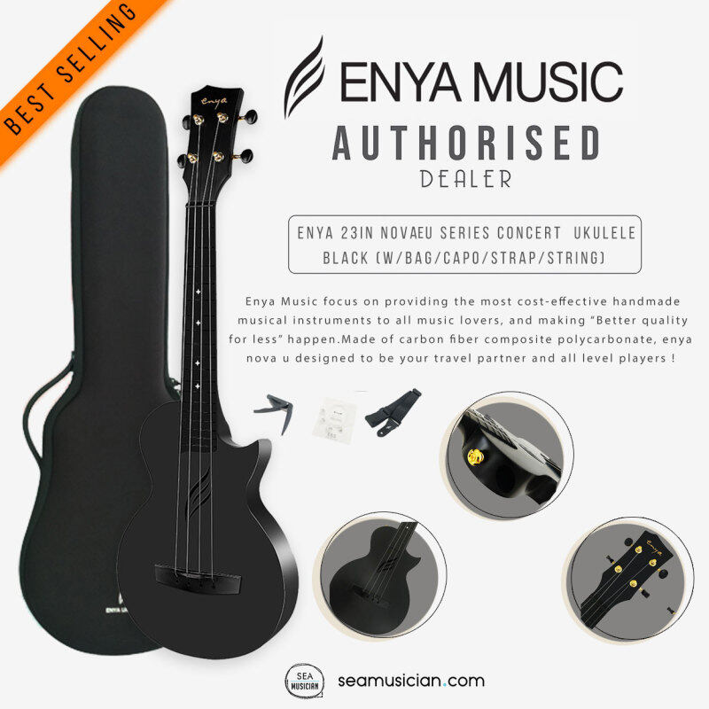 ENYA NOVA U UKULELE CONCERT BODY BLACK COLOR WITH EQ & EFFECTS PRE AMP BUILT IN, FREE BAG & ACCESSORIES SET (23 INCHES /CARBON FIBER UKULELE/ SEAMUSICIAN) Malaysia