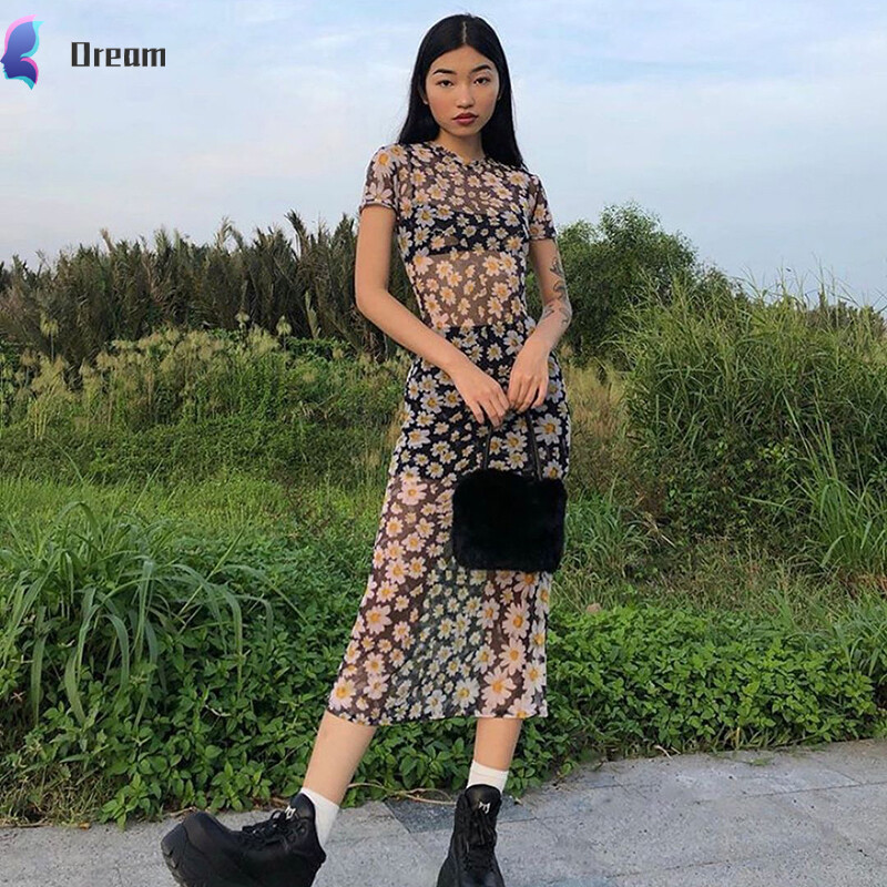 [dream-life]Women’s Casual Short-sleeved Dress Personality Daisy Print Round Neck Mesh Yarn Skinny Mid-length Dress