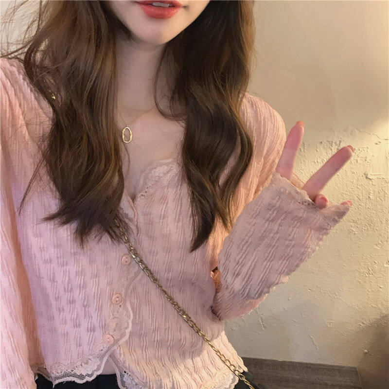 Cacncut women blouse korean style gentle long sleeve lace top button v-neck crop top