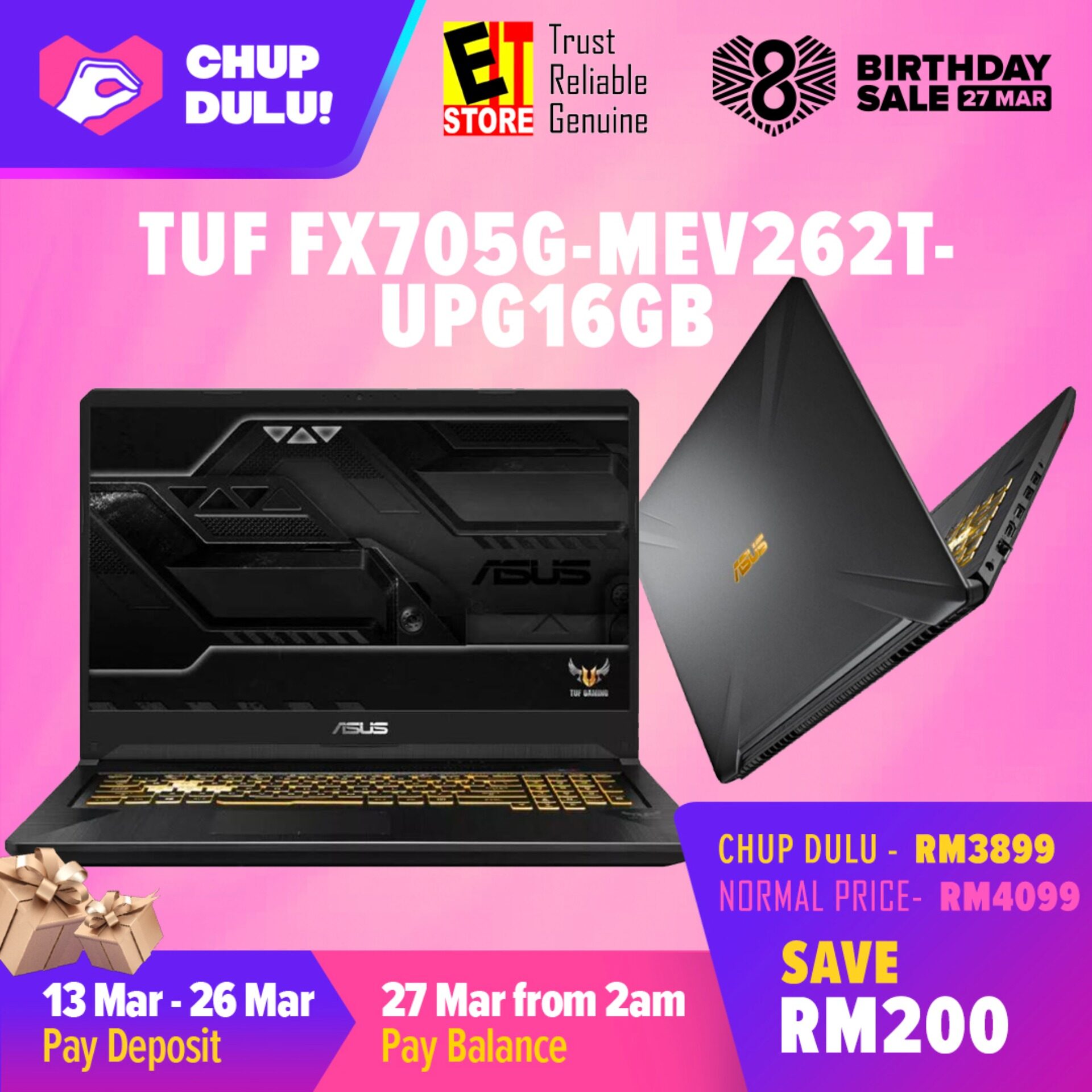 ASUS TUF FX705G-MEV262T GOLD STEEL (I7-8750H/ 16GB /512GB SSD /6GB NVIDIA GTX1060 /17.3 FHD /W10 /2YRS) + BAGPACK Malaysia