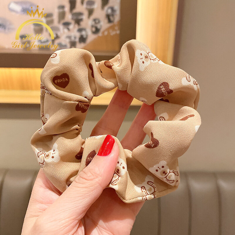 Hello Girl Jewelry Korean Version of Leopard Print Bear Milk Tea Color Large Intestine Hair Tie Accessories