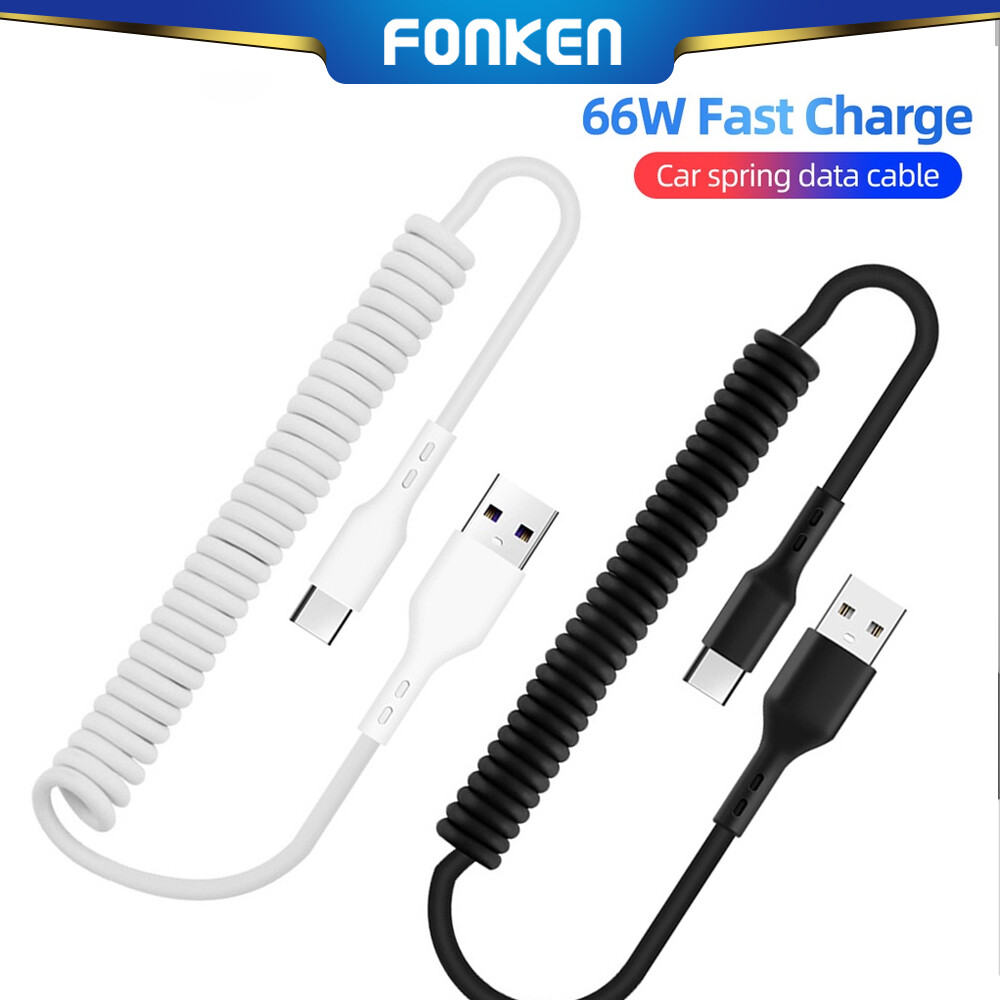 Fonken 66W 6A Car Spring Type C Data Cable for Huawei Mate 40 Pro Super Fast Charging Type-C Charge Cable For Phone