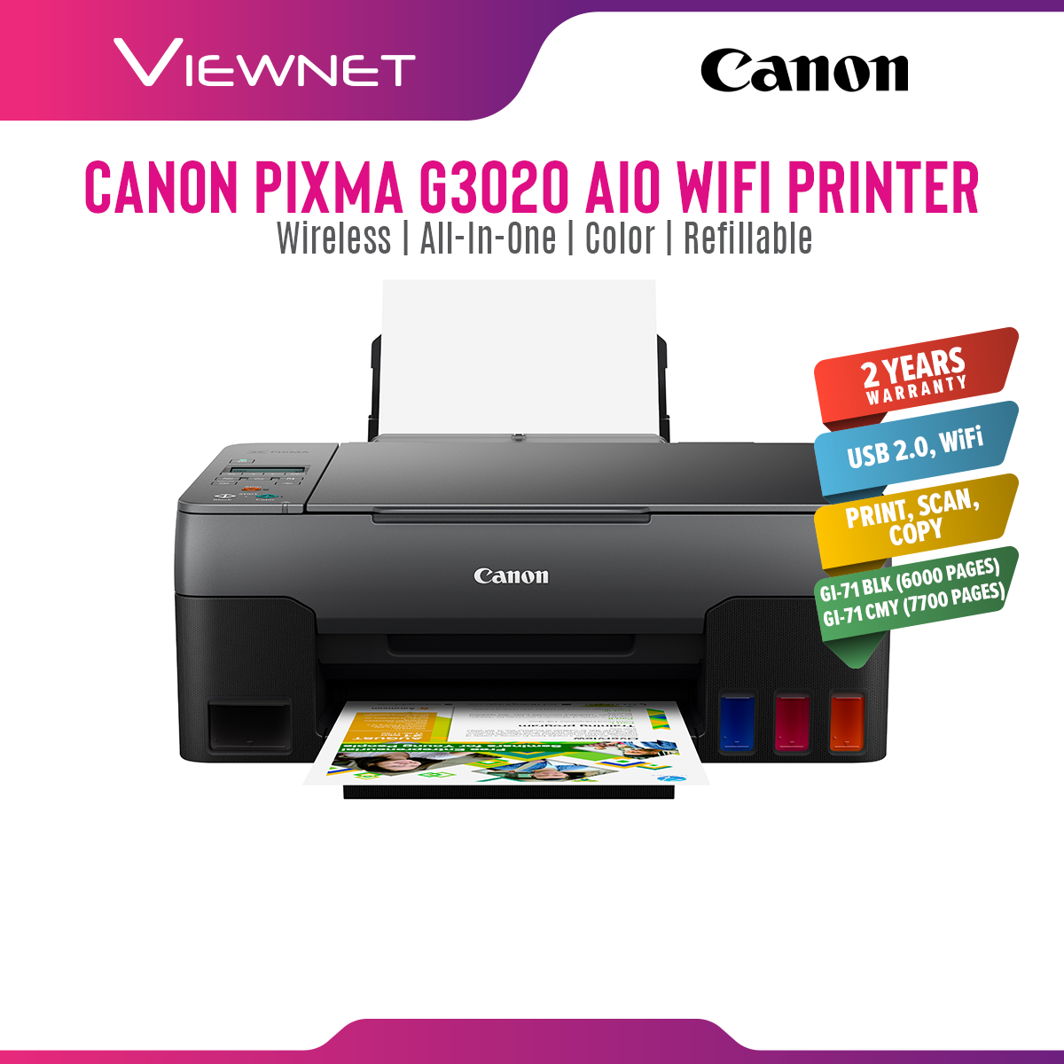 Pixma G3020 WiFi All In One Ink Tank Printer (Wireless , Print , Scan ,  Copy) similar to G3000 G3010 Compatible with OS | Lazada