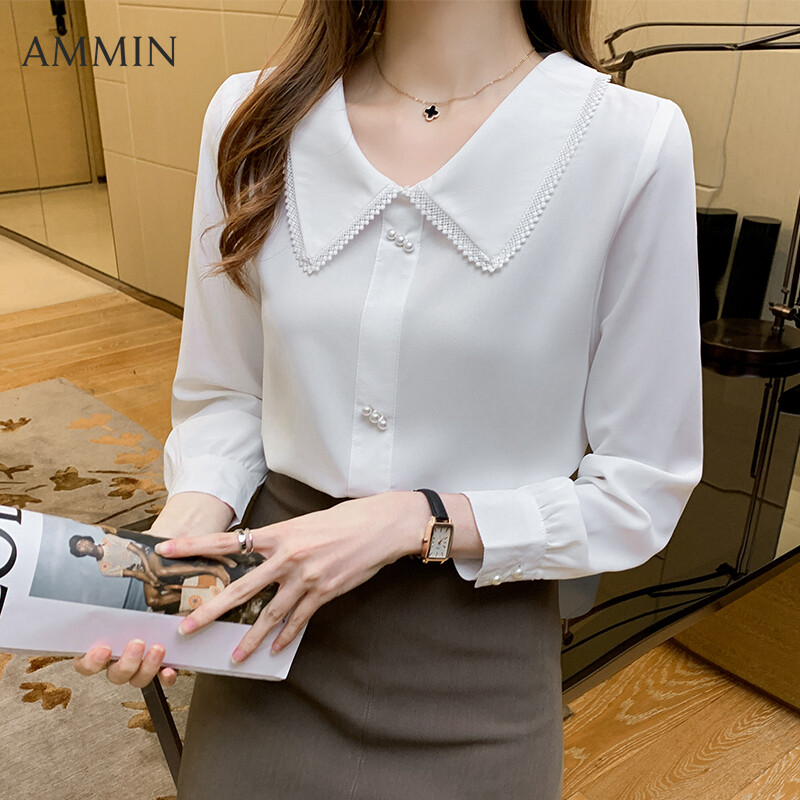AMMIN Doll Peter Pan Collar Chiffon Shirt For Women Korean Style New Casual Long Sleeve Top Lady Fashion Blouses