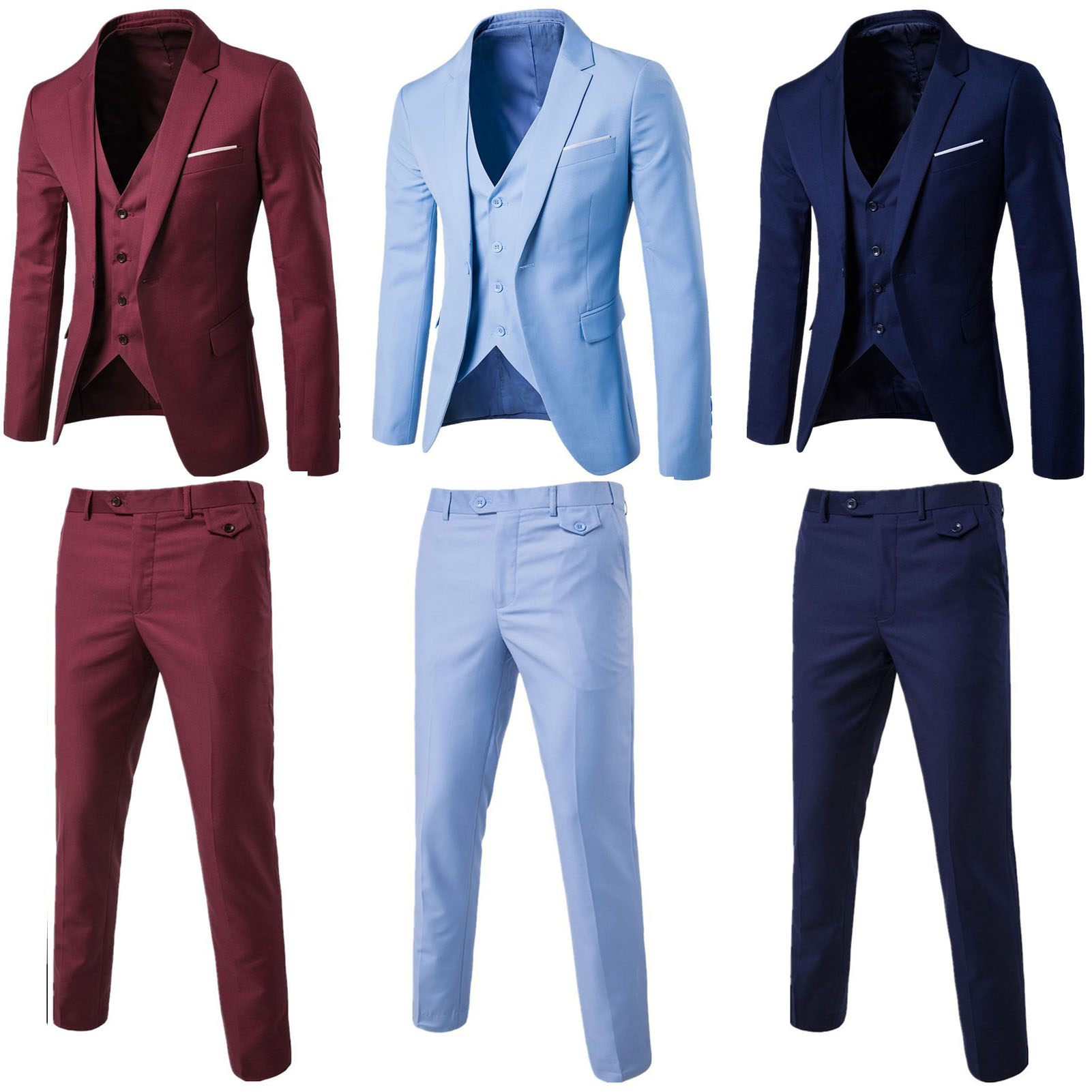 Benferry 2Pcs/Set Plus Size Men Solid Color Long Sleeve Lapel Slim Button Business Suit 【Asian Size relatively Smaller】