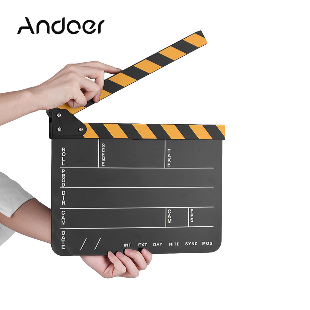 Dry Erase Acrylic Director Film Clapboard Movie TV Cut Action Scene Clapper Board Slate with Yellow/Black Stick, Black