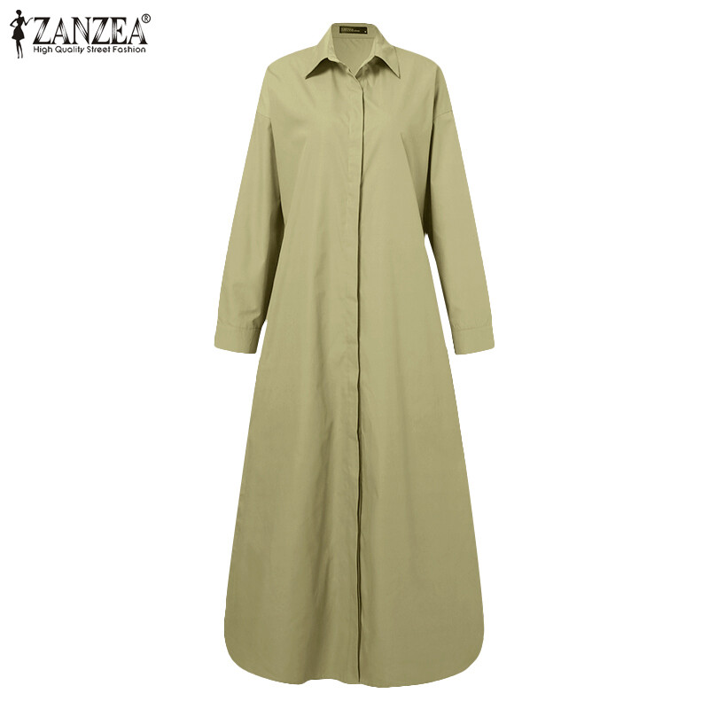 ZANZEA Womens Collared Button Down Solid Colour Kaftan Long Maxi Shirt Dress