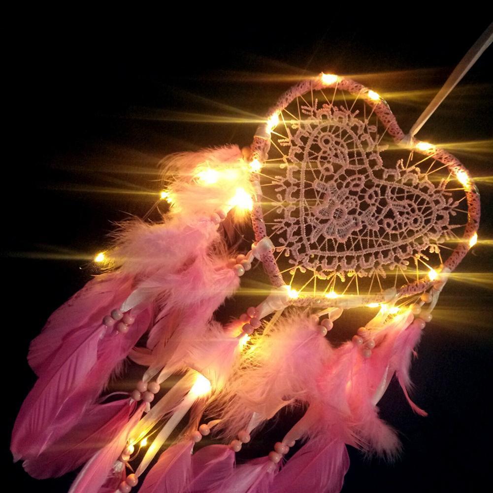 Love Heart Dream Catcher LED Light Feathers Wall Hanging Dreamcatcher Decor